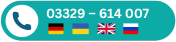 Tealfarbene Taste mit einem weißen Telefonsymbol, der Telefonnummer 03329 - 614 007 und vier Flaggen: Deutsch, Ukrainisch, Britisch und Russisch, was auf die Sprachunterstützung hinweist.
