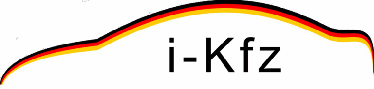 Das Bild zeigt den Umriss eines Autos in den Farben Schwarz, Rot und Gelb, die der deutschen Flagge ähneln, über dem Text "i-Kfz" in schwarzen Buchstaben auf weißem Hintergrund, der die modernen KFZ-Online-Zulassungsdienste symbolisiert.